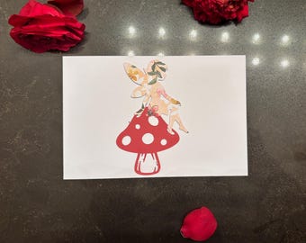 Floral Fairy Sitting on Mushroom Flat Greeting Card- Blank Inside- Cottage Core and Whimsical