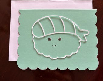 Cutesy Kawaii Shrimp Sushi Blank Greeting Card with Scalloped Edges