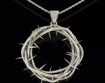 Collar de corona de espinas de plata hecho a mano, colgante de joyería religiosa hecho a mano, regalo para ella, collar de corona, colgante de boda de corona, amante