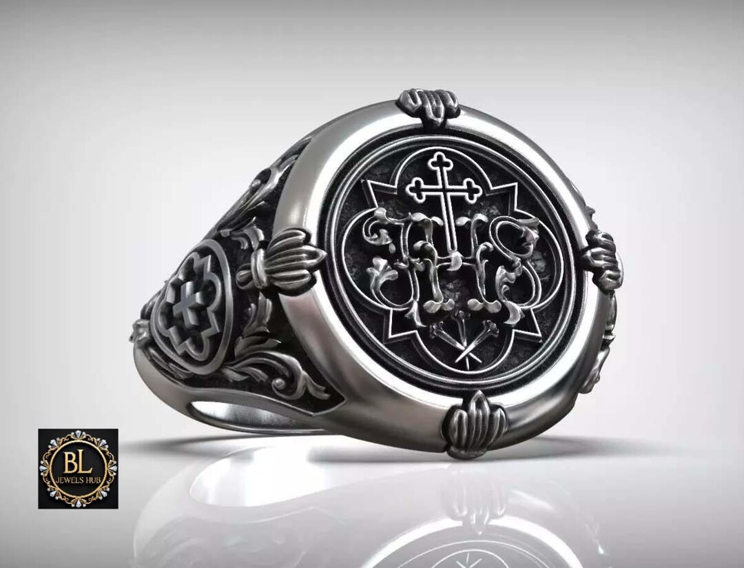 Jesus Christ Men Ring, Religious Signet Ring, JHS Patterned Men Ring ...
