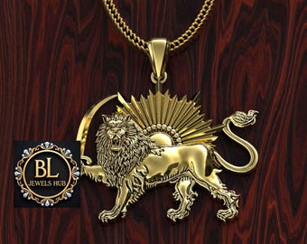 Colgante de león y sol en plata de ley, collar de la dinastía Pahlavi, colgante de león de Judá, collar de león con espada, collar de león, colgante de león.