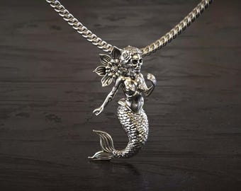 Colgante de sirena con calavera gótica en plata de ley 925, collar gótico, joyería de calavera.