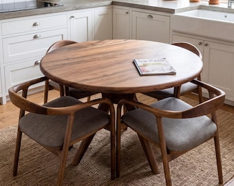 Round Dining Table, Solid Wood Walnut Rustic Kitchen Tables, Scandinavian Style, Handmade Furniture