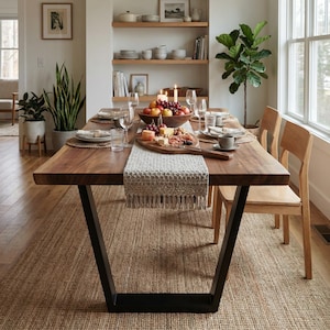 Solid Walnut Live Edge Dining Table | Modern Kitchen Dinner Table with Black Legs