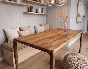 Mesa de cocina de nogal macizo, mesa de comedor escandinava de borde redondeado, estilo moderno de mediados de siglo, tamaño personalizado.