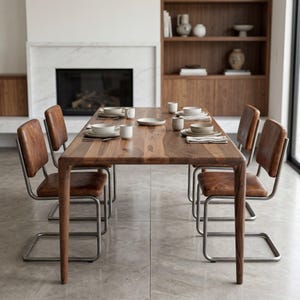 May include: A wooden dining table with six place settings, surrounded by six chairs. The chairs have brown leather seats and backs with metal frames. The table is made of a light brown wood. The room has a fireplace and a wooden cabinet.