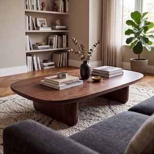 Könnte beinhalten: Ein niedriger, ovaler Couchtisch aus dunkelbraunem Holz mit glattem, abgerundetem Kantendesign. Der Tisch verfügt über zwei dicke, geschwungene Plattenbeine und trägt eine schwarze Vase mit getrockneten Zweigen, Büchern und einer kleinen goldenen Schale.