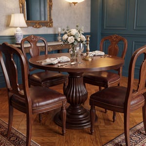 May include: A round wooden dining table with a central fluted pedestal base, surrounded by four chairs featuring dark brown leather seats and wood frames. The table is set with a glass vase of white flowers, a crystal glass, and napkins.