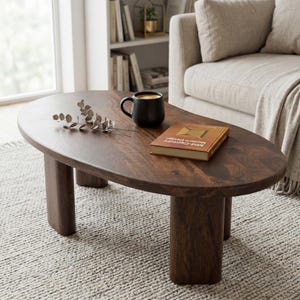 May include: Oval-shaped, dark brown wooden coffee table with four cylindrical legs. A black mug and a book with the text "Mid-Century Modern Design" are on the table. A sprig of dried leaves rests on the table's surface. The table sits on a light gray rug.
