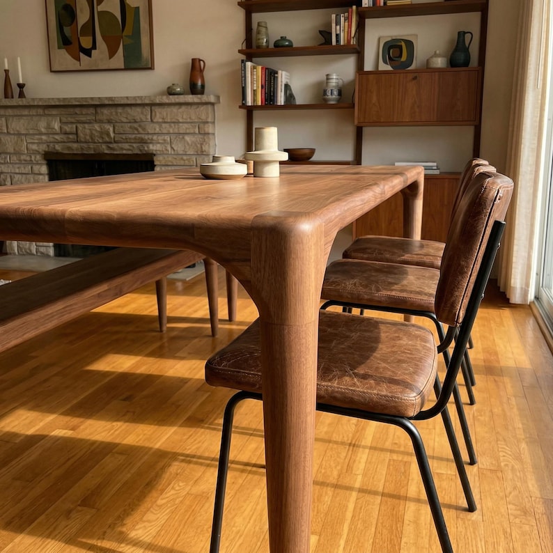 Rechthoekige massief notenhouten eettafel, moderne houten keukentafels uit het midden van de eeuw afbeelding 1