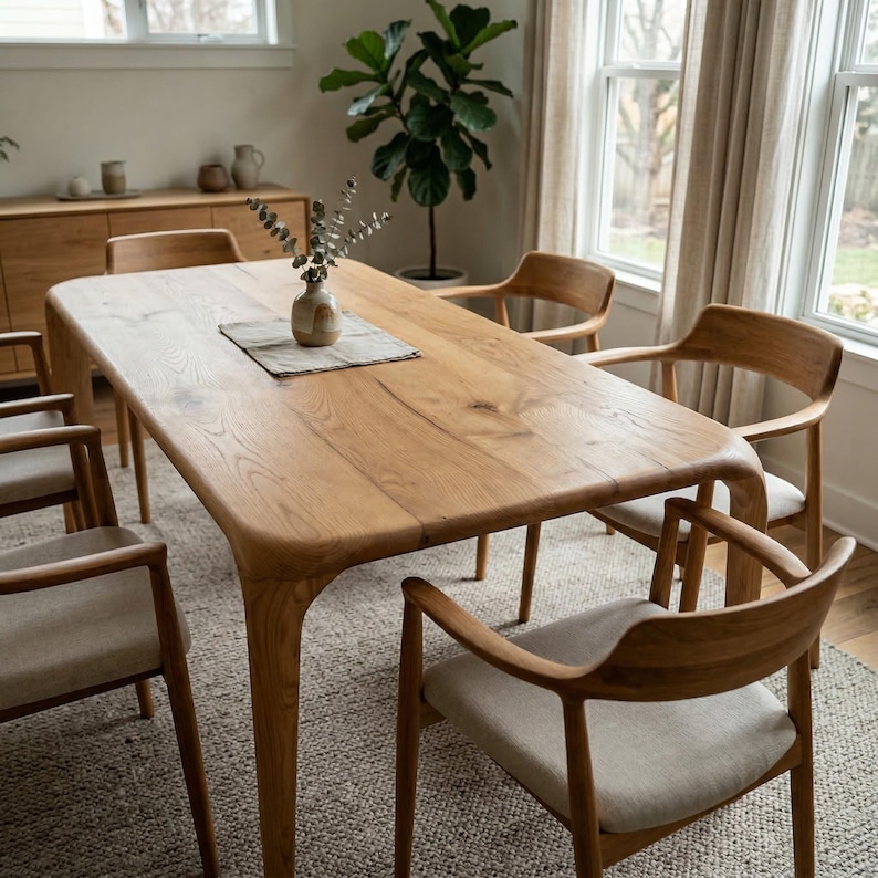 May include: A light oak dining table with six matching chairs. The chairs have light fabric seats and curved wooden backs. A small vase with greenery sits on the table. The table is approximately 200 cm long. The room has a neutral colour palette.