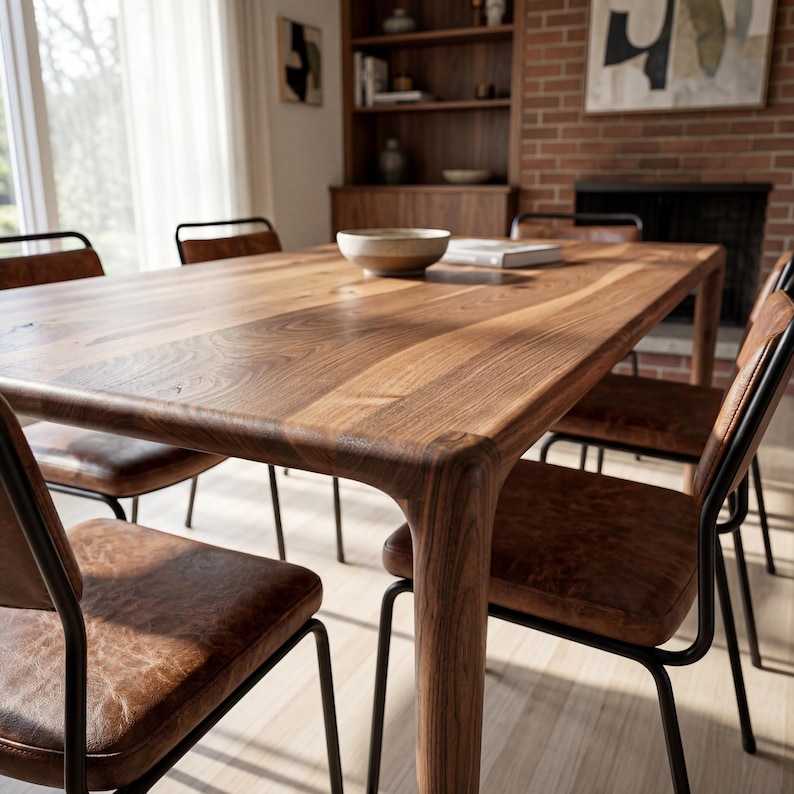 May include: A rectangular wooden dining table with a smooth, natural grain finish and rounded corners, accompanied by several chairs featuring brown leather-textured seats and black metal frames, arranged in a dining room setting.