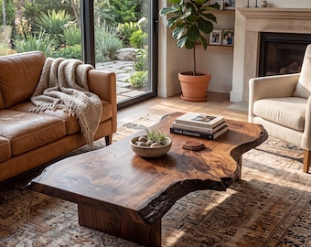 May include: A live edge coffee table made of dark brown wood with a natural, irregular edge profile. The table features a solid wood base and a smooth, polished surface. It is positioned in a living room setting with a bowl and books on top.