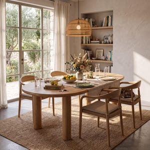 May include: A round light wood dining table with thick cylindrical legs, surrounded by four wooden armchairs with beige upholstered seats. The table is set with plates, glasses, a bowl of lemons, a vase of dried flowers, and a bottle of oil.