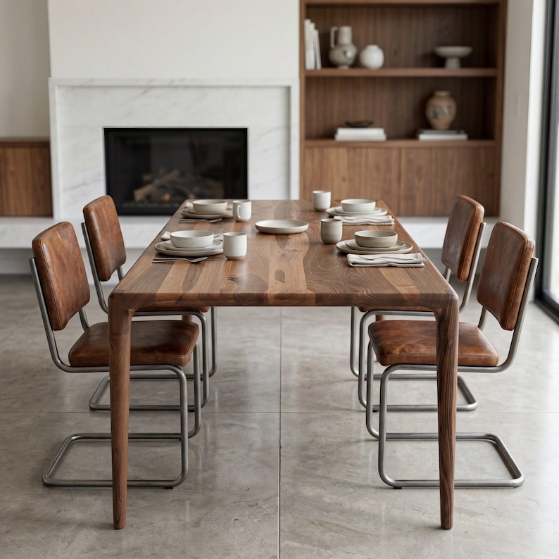 May include: A rectangular wooden dining table with four chairs featuring brown leather seats and backrests on silver metal cantilever frames. The table is set with white ceramic bowls, small cups, and folded napkins, arranged symmetrically on the wood surface.