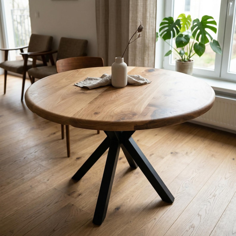 Solid Walnut Round Dining Table, Mid-Century Modern Wood Kitchen Furniture image 12