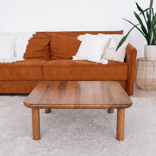 Solid Walnut Coffee Table With Open Shelf, Japandi Square Low Profile Rounded Corners