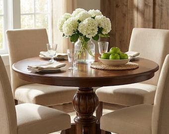 Walnut Round Dining Table, Pedestal Base Wooden Tables, Farmhouse Classic Furniture