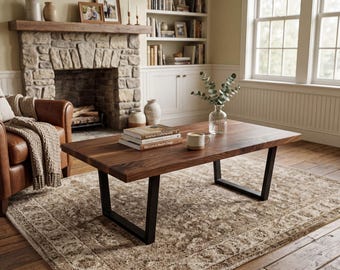 Mesa de centro rectangular de madera de nogal, diseño rústico minimalista de estilo granja.