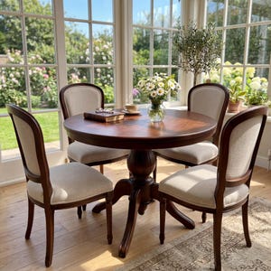 Ronde eettafel van massief walnotenhout, keukentafel met voetstuk, verkrijgbaar in grote en kleine uitvoering.