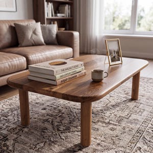 Op de afbeelding: Een lage houten salontafel met afgeronde hoeken en vier cilindrische poten. Op de tafel ligt een stapel van drie boeken met de titels The Walnut Home, Mid-Century Forms en Ahşap Tasarımı, een kleine keramische mok en een goudkleurige fotolijst.
