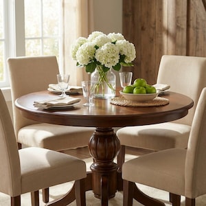 Walnut Round Dining Table, Solid Wood Pedestal Base in Farmhouse Style