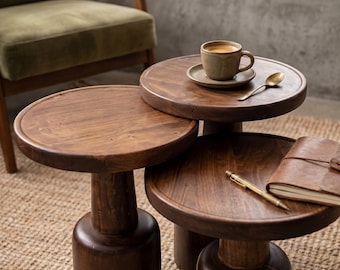 Walnut Nest of Tables, Set of 3 Round Nesting for Modern Living Spaces