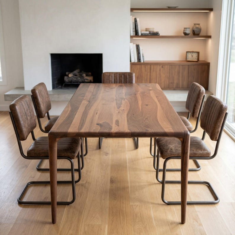 May include: A rectangular dining table made of dark brown wood with a visible grain pattern, accompanied by six chairs featuring brown leather-look upholstered seats and backrests supported by dark metal cantilever frames.