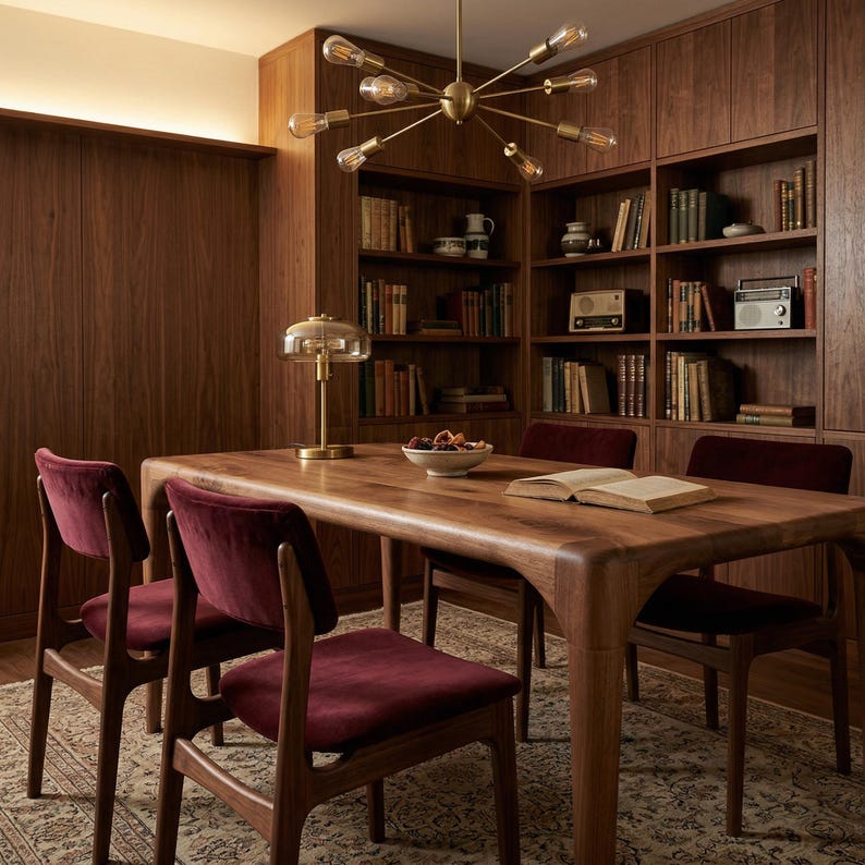 Rechthoekige massief notenhouten eettafel, moderne houten keukentafels uit het midden van de eeuw afbeelding 13