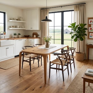 May include: A light oak dining table with curved legs and four matching chairs with woven seats. The table is set with a vase of flowers and a neutral-coloured placemat. The room has hardwood floors and a large window.