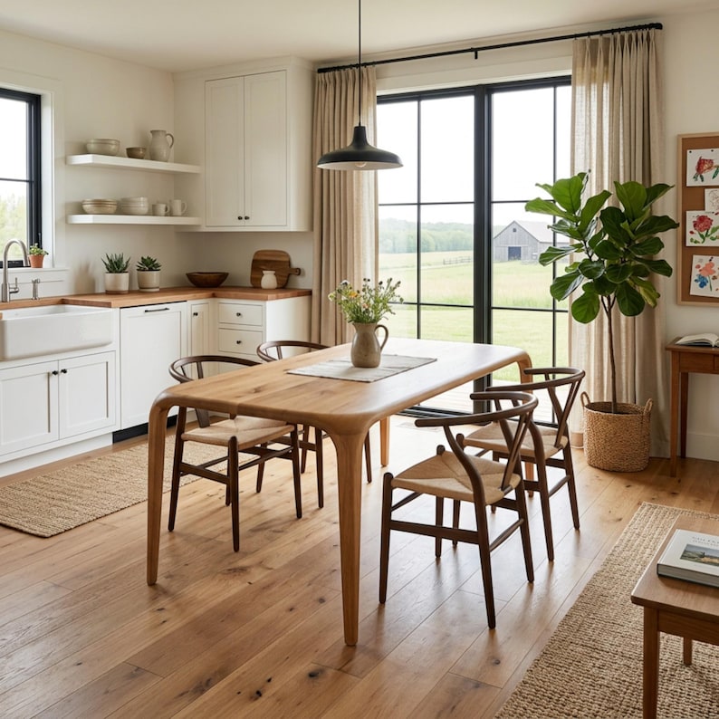 May include: A light oak dining table with curved legs and four matching chairs with woven seats. The table is set with a vase of flowers and a neutral-coloured placemat. The room has hardwood floors and a large window.