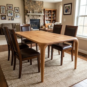 May include: A light-coloured wooden dining table with rounded edges and four matching chairs with brown leather seats. The table is set on a woven rug. The room has a fireplace and a bookshelf.