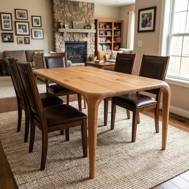 May include: A light-coloured wooden dining table with rounded edges and four matching chairs with brown leather seats. The table is set on a woven rug. The room has a fireplace and a bookshelf.