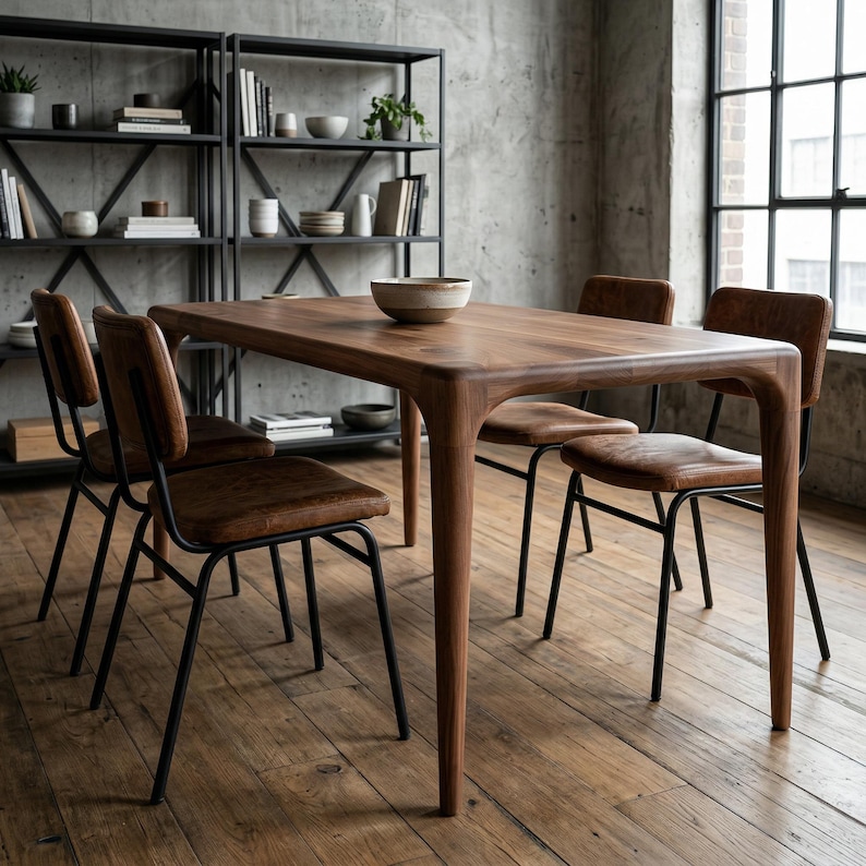 Rechthoekige massief notenhouten eettafel, moderne houten keukentafels uit het midden van de eeuw afbeelding 8