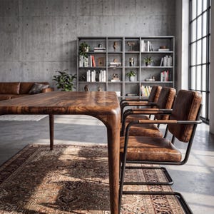 May include: A rectangular wooden dining table with rounded corners and a dark grain pattern, paired with three chairs featuring brown leather upholstery, black metal frames, and leather-wrapped armrests, arranged on a patterned area rug.