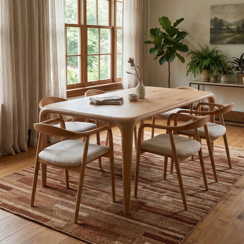 May include: A wooden dining table and six chairs in a light wood finish. The chairs have curved backs and cream-colored seats. The table sits on a patterned rug with brown and beige tones. The room features large windows and neutral curtains.