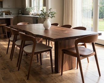 Walnut Live Edge Dining Table, Solid Wood Rustic Modern Kitchen Tables