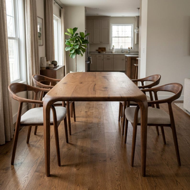 May include: A wooden dining table and four chairs. The table has a rectangular top and rounded edges. The chairs have curved backs and light-coloured upholstered seats. The wood has a warm, natural finish. The room has hardwood floors and neutral-coloured walls.