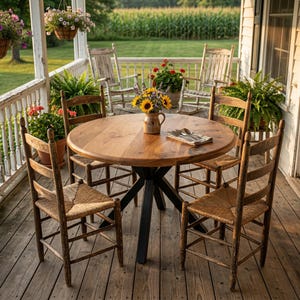 Mesa de comedor redonda de nogal macizo, muebles de cocina de madera de mediados de siglo.
