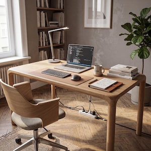 May include: A light wood desk with rounded corners features a laptop displaying code, a wireless keyboard, a computer mouse, a desk lamp, a mug with text, a stack of books, and a notebook. A matching wood office chair with a gray seat sits nearby.