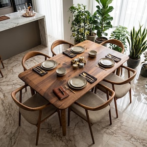 Mesa de comedor de nogal, mesa de cocina pequeña moderna, muebles de comedor contemporáneos, estilo de mediados de siglo.