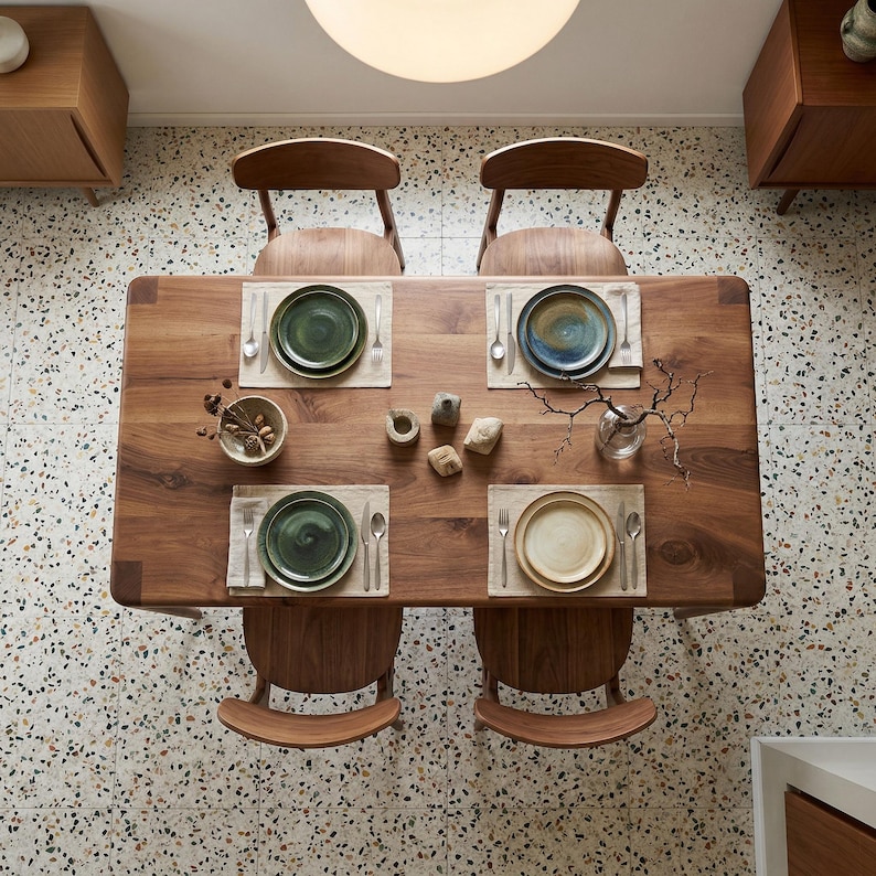 Rechthoekige massief notenhouten eettafel, moderne houten keukentafels uit het midden van de eeuw afbeelding 9
