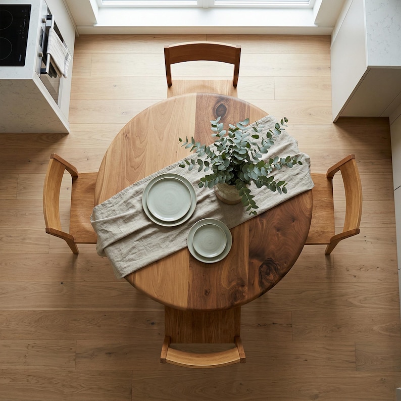 May include: Overhead view of a round wooden dining table with a light-colored runner, two plates, and a vase of greenery. The table is surrounded by four wooden chairs. The floor is made of light-colored wood.