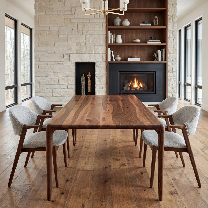 May include: A rectangular wooden dining table with a natural grain finish, accompanied by four chairs featuring dark wood frames and light gray upholstered seats, positioned in a room with a stone fireplace and built-in wooden shelving.