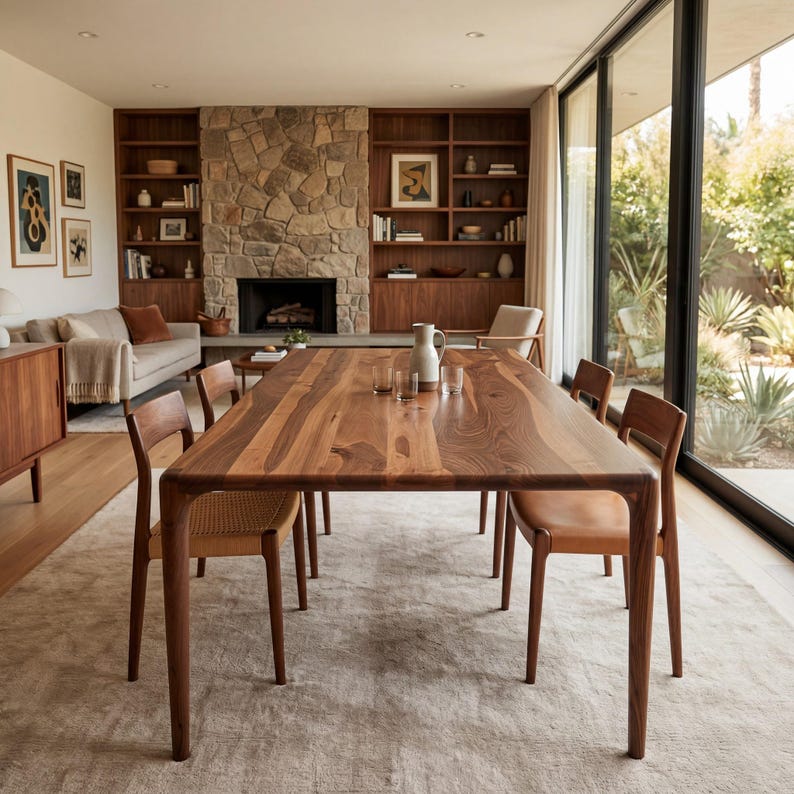 May include: A rectangular dining table made of dark brown wood with a prominent grain pattern, featuring four matching wooden chairs with woven seats and leather cushions, positioned on a light-colored area rug in a spacious room.