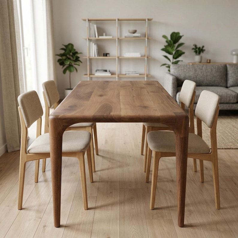 Rechthoekige massief notenhouten eettafel, moderne houten keukentafels uit het midden van de eeuw afbeelding 10