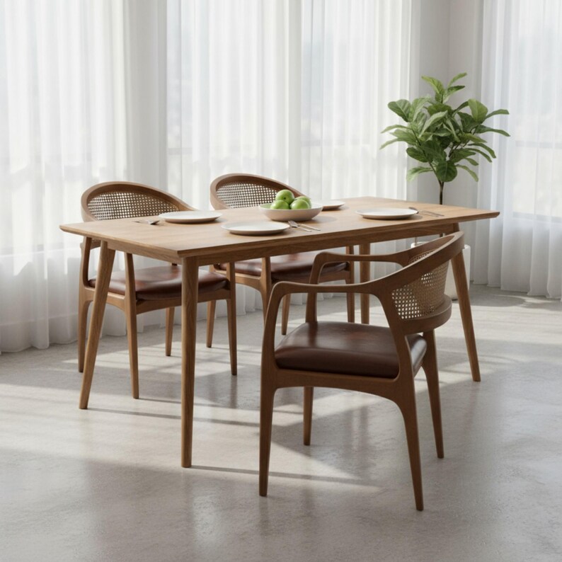 Pode incluir: Uma mesa de jantar de madeira com quatro cadeiras. As cadeiras t&ecirc;m assentos de couro castanho e encostos de palhinha tecida. A mesa &eacute; retangular e tem um acabamento em madeira clara. H&aacute; pratos e uma tigela com ma&ccedil;&atilde;s verdes na mesa.