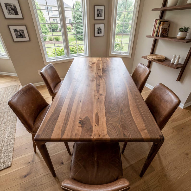 May include: A rectangular dining table made of dark brown wood with a visible grain pattern, featuring four matching chairs upholstered in brown leather. The table has a smooth, flat surface and four tapered legs, positioned in a room.