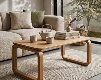 Moderne houten salontafel, minimalistische Scandinavische salontafel, natuurlijke houten afwerking