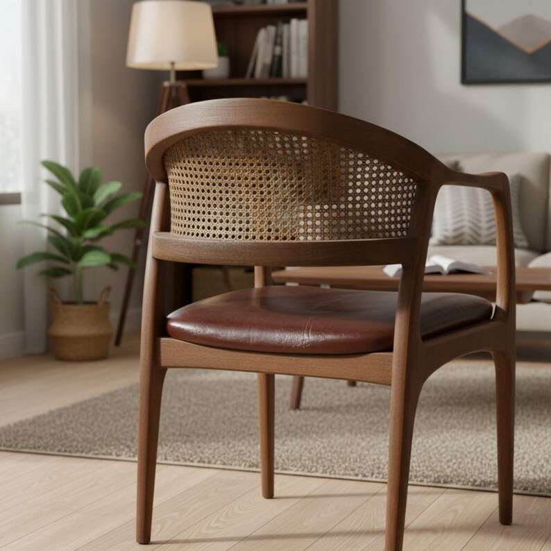 Pode incluir: Cadeira de madeira com encosto curvo e detalhe em palhinha. Possui assento em couro castanho e acabamento em madeira quente. O design &eacute; moderno de meados do s&eacute;culo, adequado para sala de estar ou sala de jantar. Altura: cerca de 80 cm.